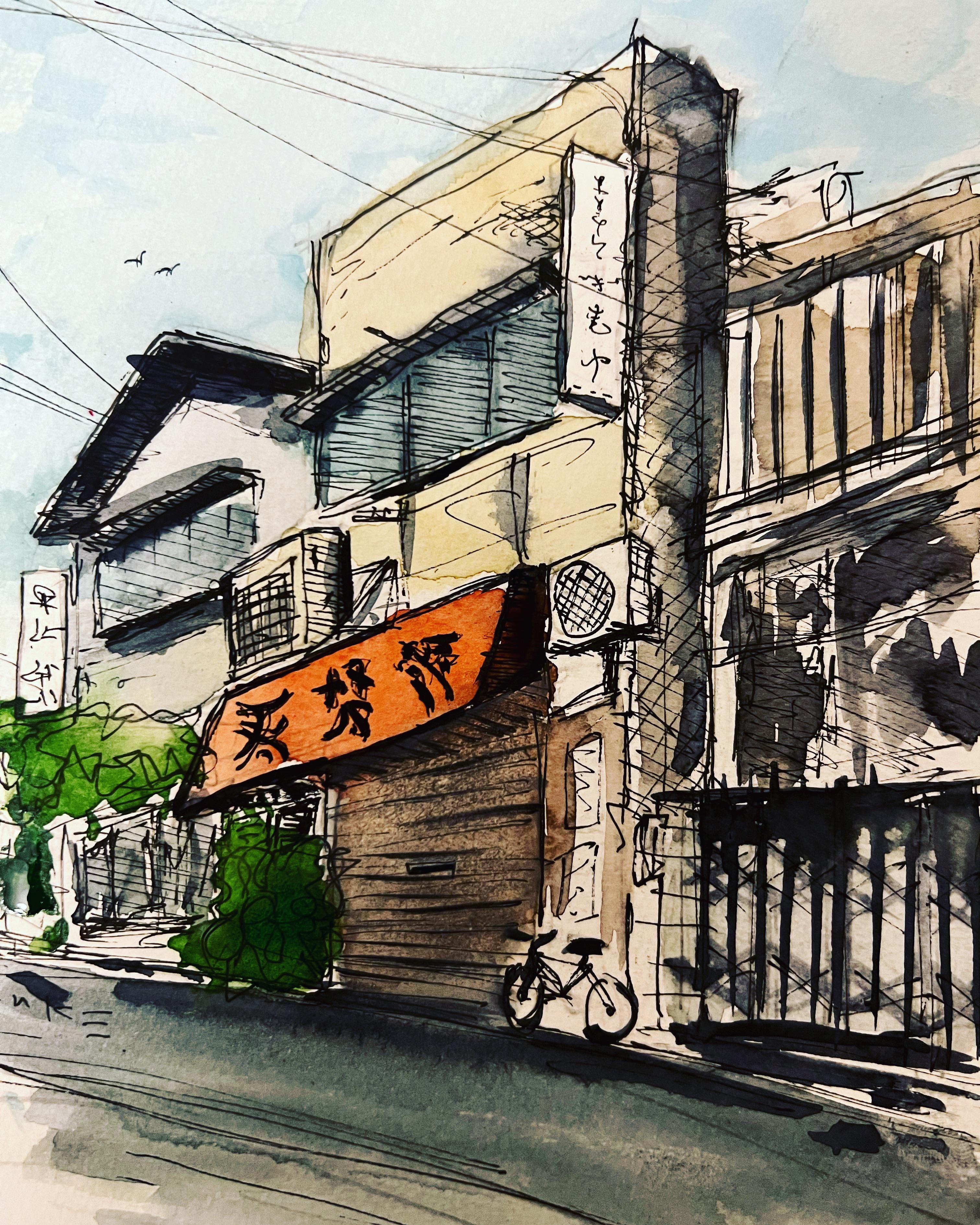 钢笔淡彩风