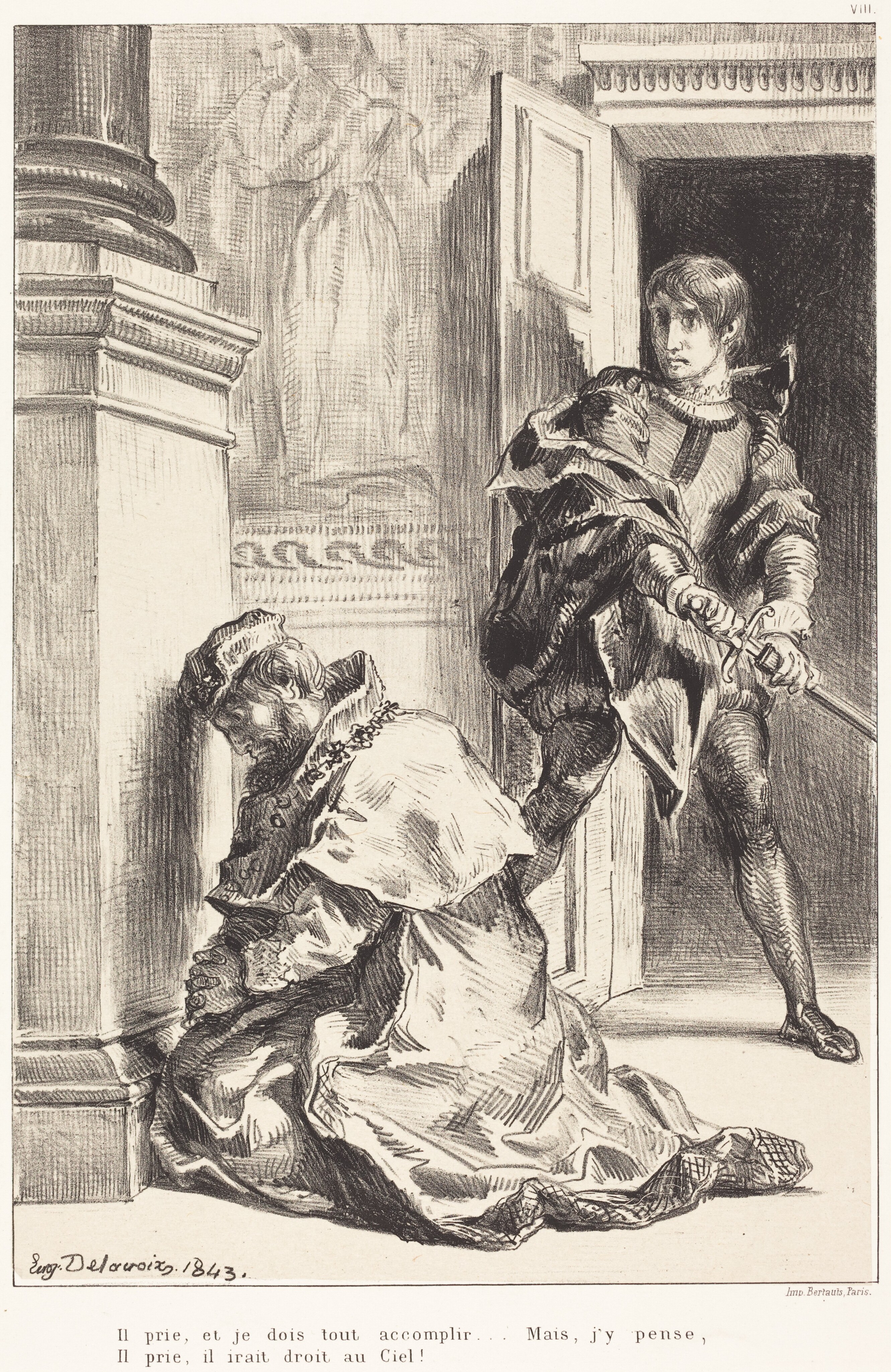 Hamlet is Tempted to Kill the King (Act III, Scene III) - Eugène Delacroix