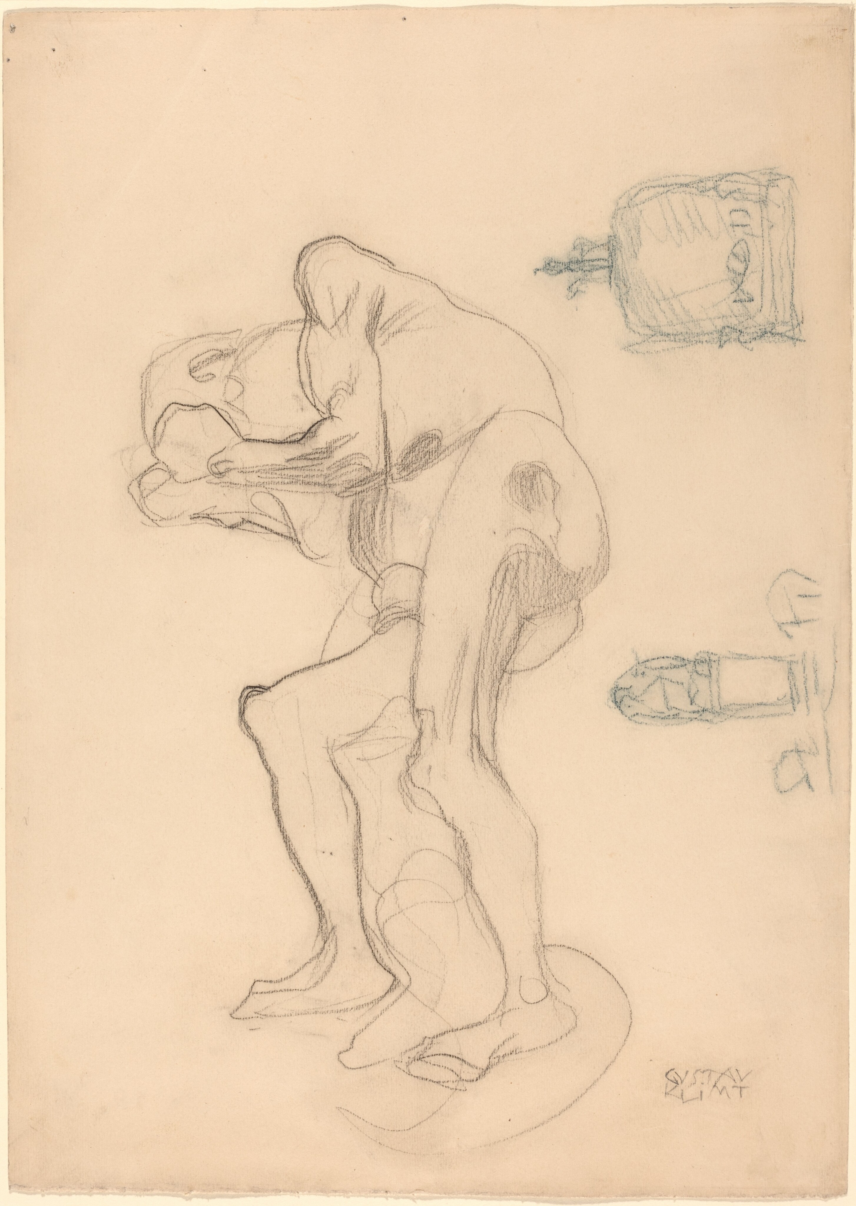 Study of a Nude Old Woman Clenching Her Fists, and Two Decorative Objects - Gustav Klimt