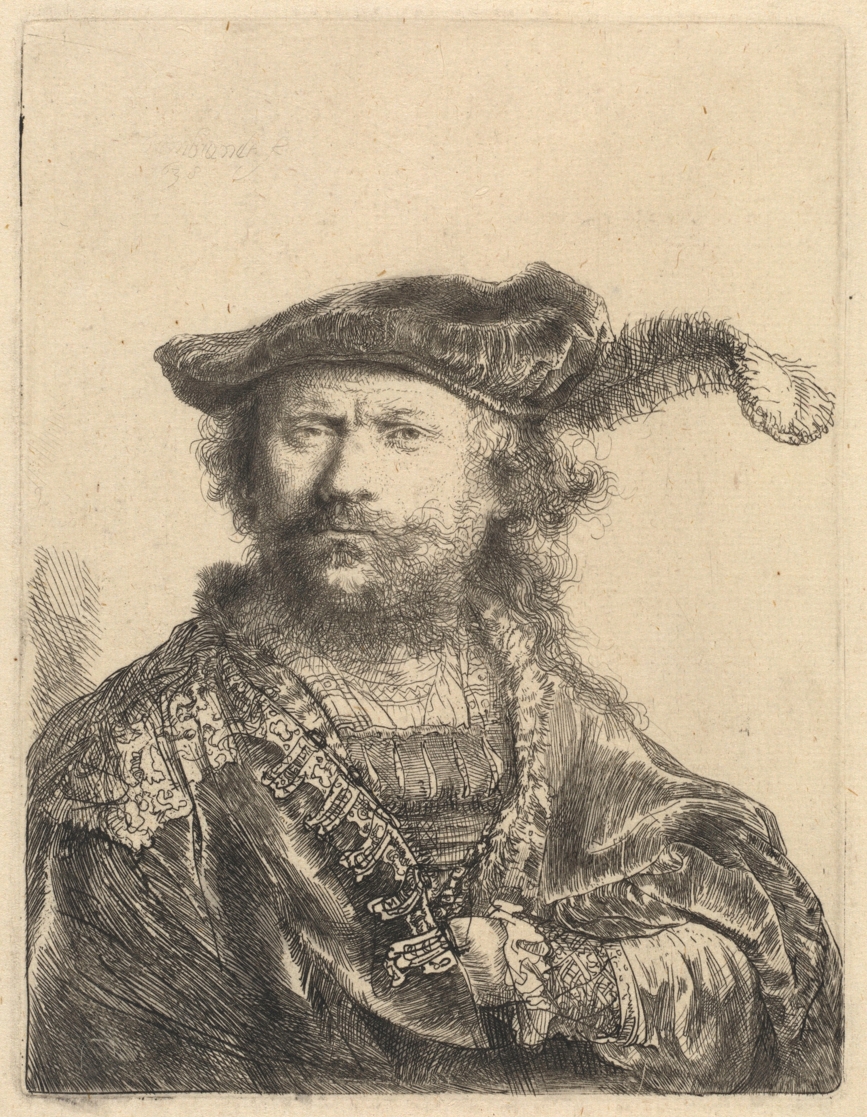 Self-Portrait in a Velvet Cap with Plume - Rembrandt