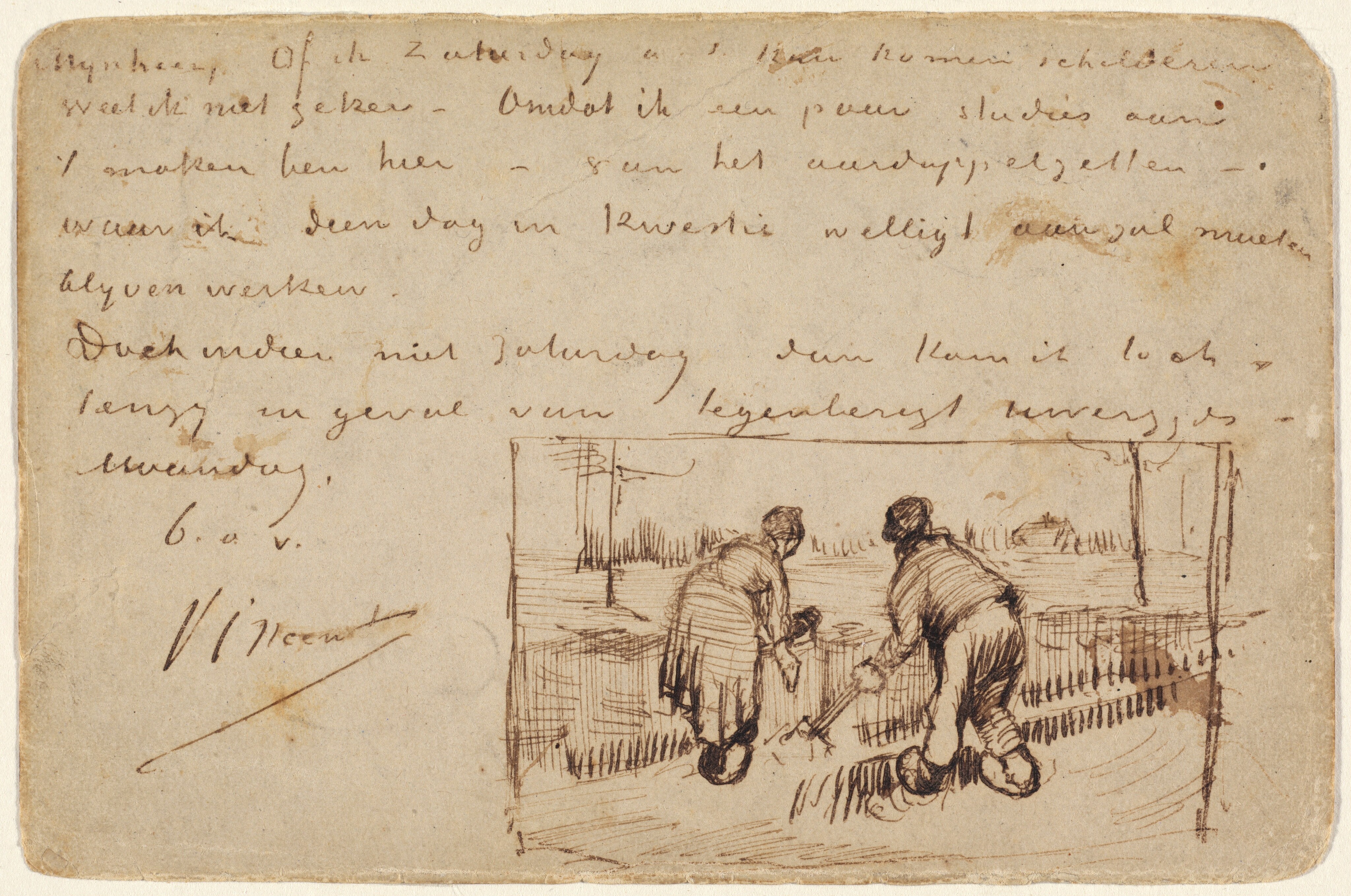 Postcard with Two Peasants Digging - Vincent van Gogh